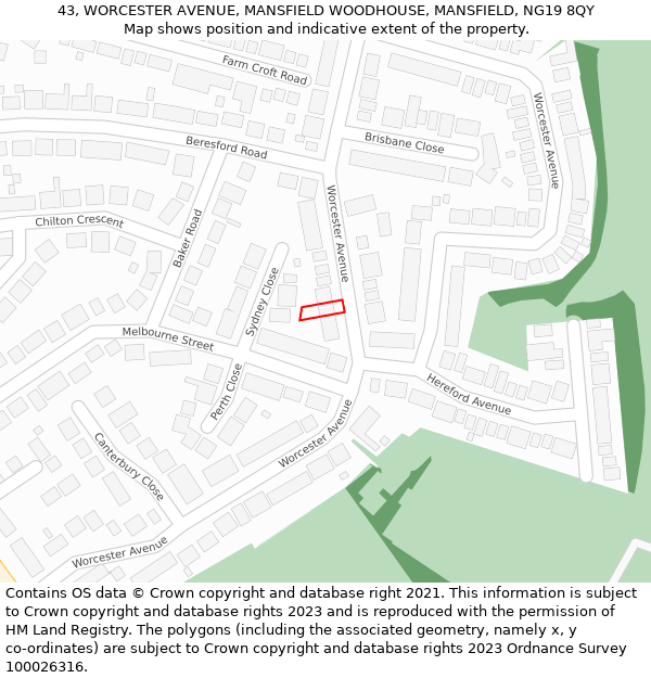 43, WORCESTER AVENUE, MANSFIELD WOODHOUSE, MANSFIELD, NG19 8QY: Location map and indicative extent of plot