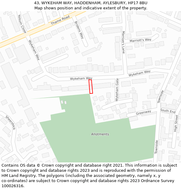 43, WYKEHAM WAY, HADDENHAM, AYLESBURY, HP17 8BU: Location map and indicative extent of plot