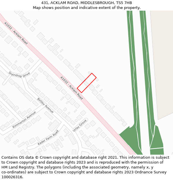 431, ACKLAM ROAD, MIDDLESBROUGH, TS5 7HB: Location map and indicative extent of plot