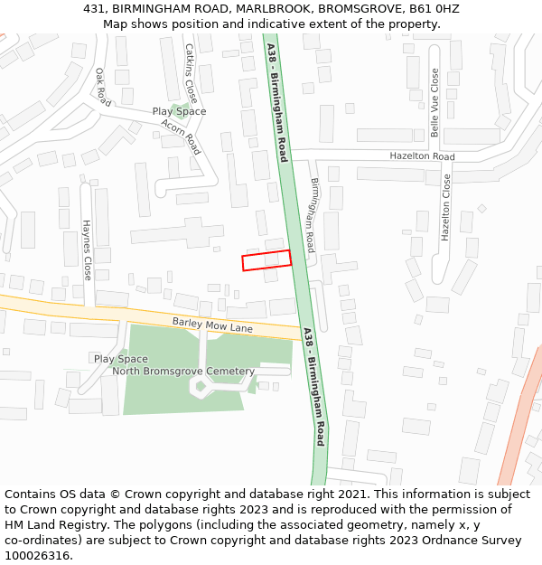 431, BIRMINGHAM ROAD, MARLBROOK, BROMSGROVE, B61 0HZ: Location map and indicative extent of plot