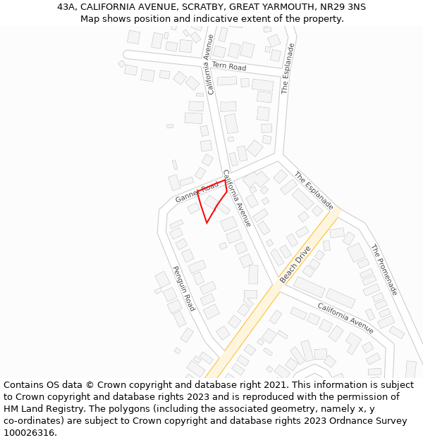 43A, CALIFORNIA AVENUE, SCRATBY, GREAT YARMOUTH, NR29 3NS: Location map and indicative extent of plot