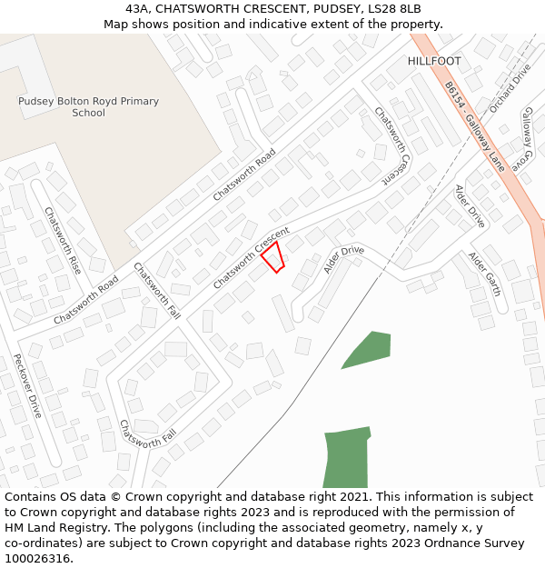 43A, CHATSWORTH CRESCENT, PUDSEY, LS28 8LB: Location map and indicative extent of plot