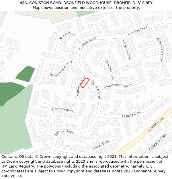 43A, CONISTON ROAD, DRONFIELD WOODHOUSE, DRONFIELD, S18 8PY: Location map and indicative extent of plot
