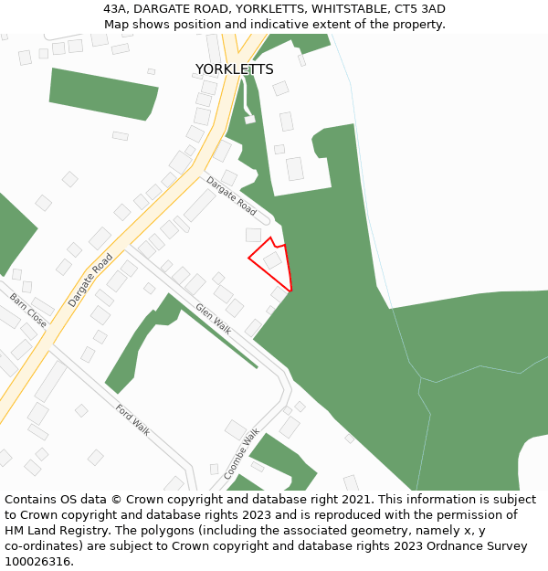 43A, DARGATE ROAD, YORKLETTS, WHITSTABLE, CT5 3AD: Location map and indicative extent of plot