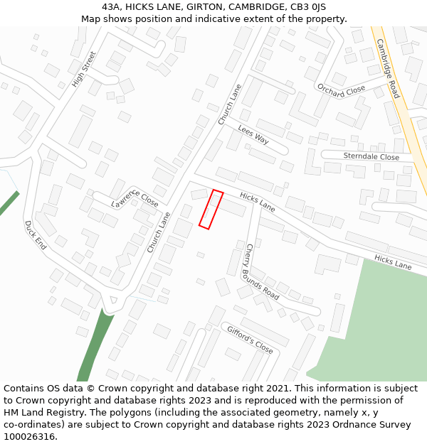 43A, HICKS LANE, GIRTON, CAMBRIDGE, CB3 0JS: Location map and indicative extent of plot