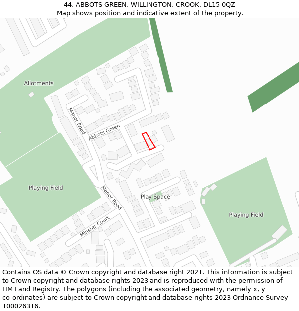 44, ABBOTS GREEN, WILLINGTON, CROOK, DL15 0QZ: Location map and indicative extent of plot