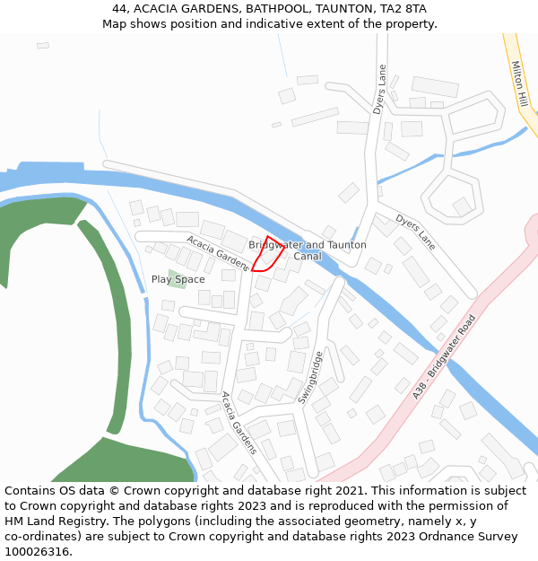 44, ACACIA GARDENS, BATHPOOL, TAUNTON, TA2 8TA: Location map and indicative extent of plot