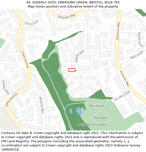 44, ADDERLY GATE, EMERSONS GREEN, BRISTOL, BS16 7EA: Location map and indicative extent of plot