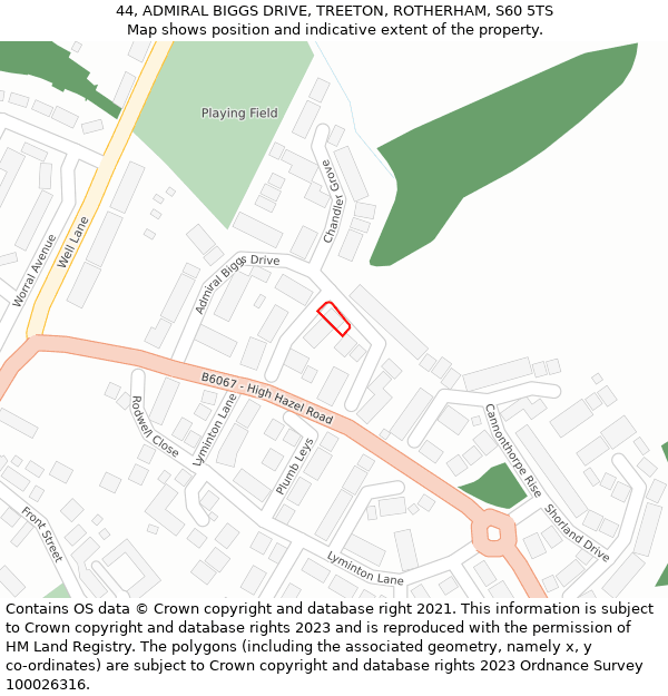 44, ADMIRAL BIGGS DRIVE, TREETON, ROTHERHAM, S60 5TS: Location map and indicative extent of plot