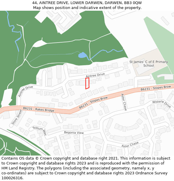 44, AINTREE DRIVE, LOWER DARWEN, DARWEN, BB3 0QW: Location map and indicative extent of plot