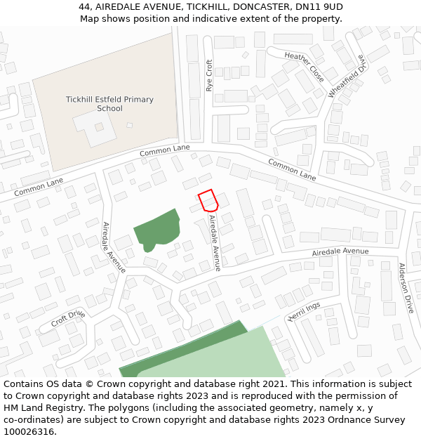 44, AIREDALE AVENUE, TICKHILL, DONCASTER, DN11 9UD: Location map and indicative extent of plot