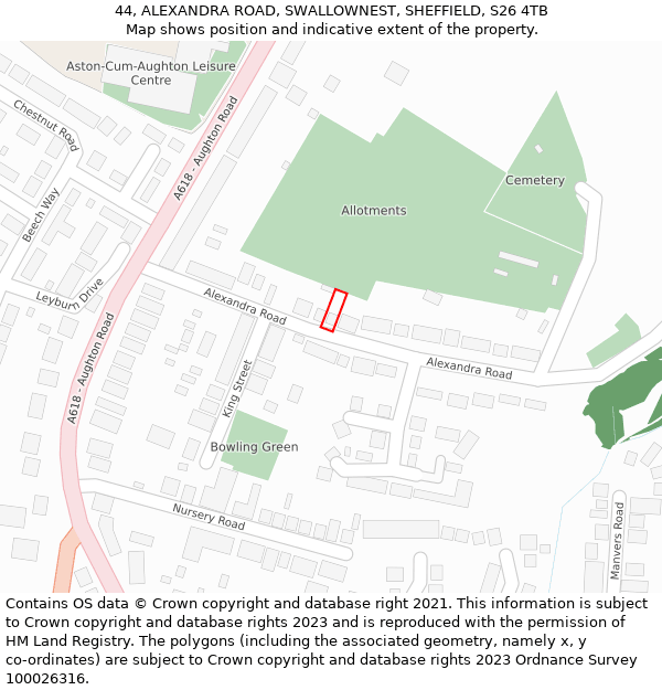 44, ALEXANDRA ROAD, SWALLOWNEST, SHEFFIELD, S26 4TB: Location map and indicative extent of plot