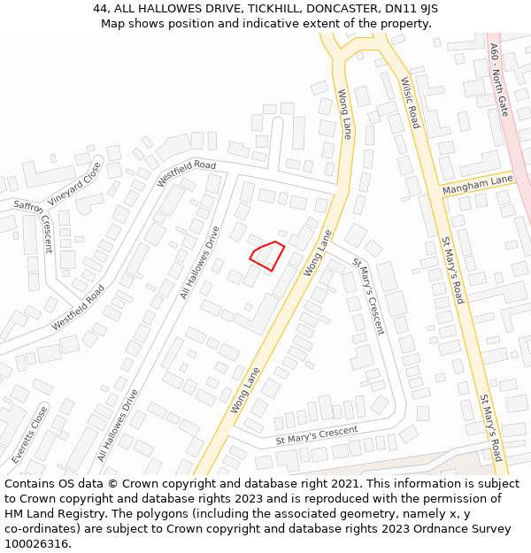 44, ALL HALLOWES DRIVE, TICKHILL, DONCASTER, DN11 9JS: Location map and indicative extent of plot