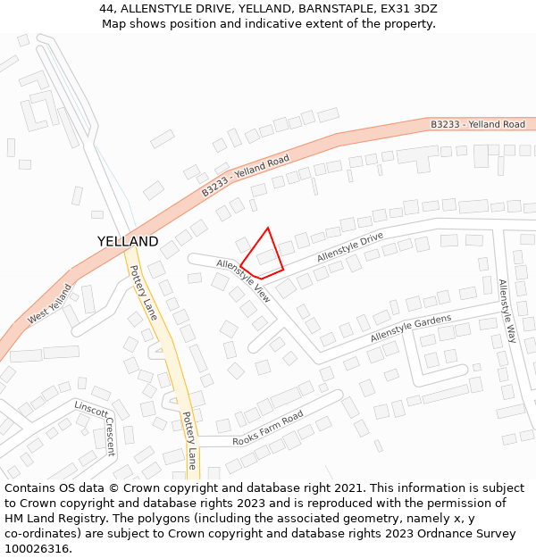 44, ALLENSTYLE DRIVE, YELLAND, BARNSTAPLE, EX31 3DZ: Location map and indicative extent of plot