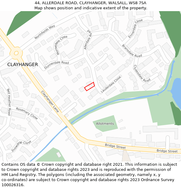 44, ALLERDALE ROAD, CLAYHANGER, WALSALL, WS8 7SA: Location map and indicative extent of plot