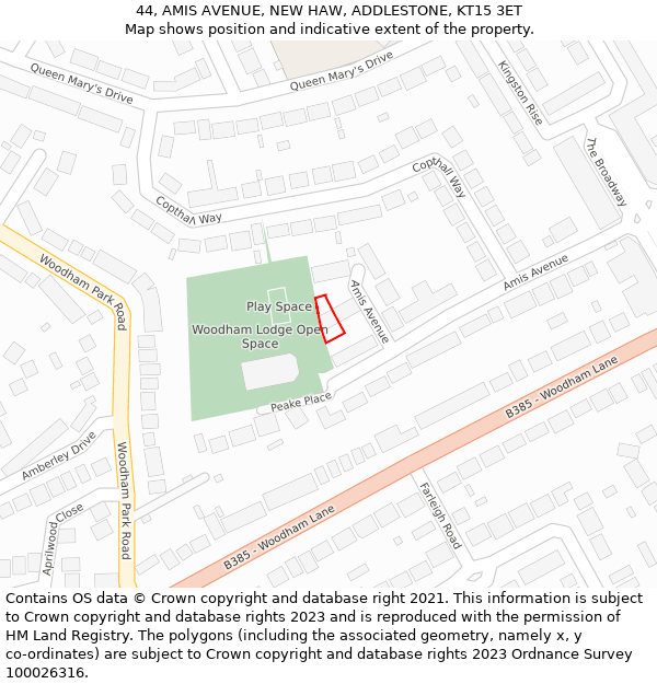 44, AMIS AVENUE, NEW HAW, ADDLESTONE, KT15 3ET: Location map and indicative extent of plot