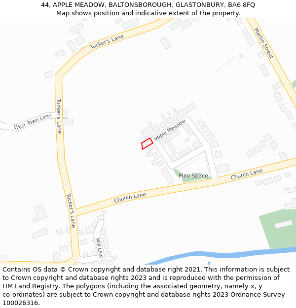 44, APPLE MEADOW, BALTONSBOROUGH, GLASTONBURY, BA6 8FQ: Location map and indicative extent of plot