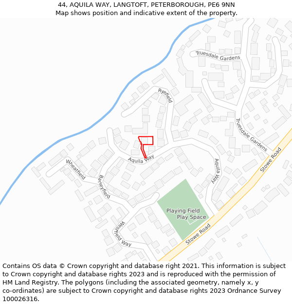 44, AQUILA WAY, LANGTOFT, PETERBOROUGH, PE6 9NN: Location map and indicative extent of plot