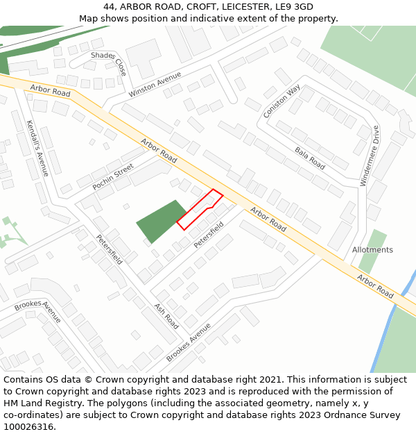 44, ARBOR ROAD, CROFT, LEICESTER, LE9 3GD: Location map and indicative extent of plot