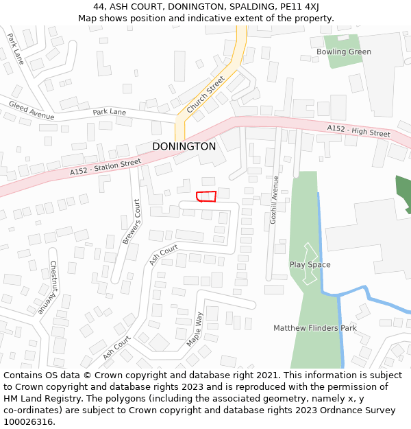 44, ASH COURT, DONINGTON, SPALDING, PE11 4XJ: Location map and indicative extent of plot