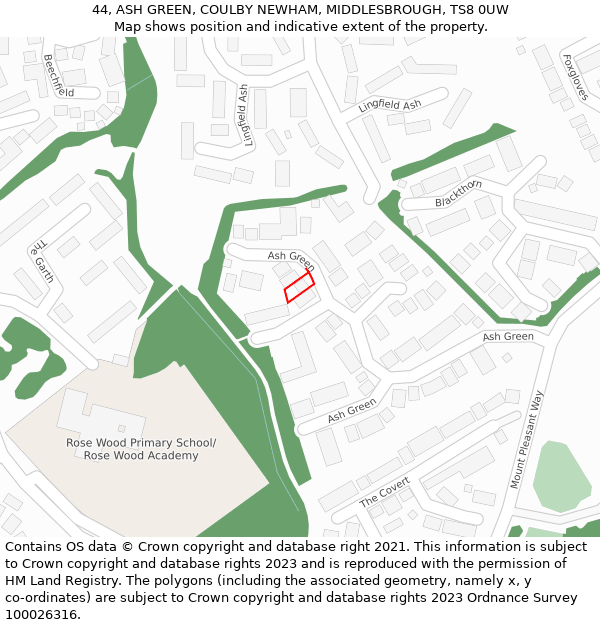 44, ASH GREEN, COULBY NEWHAM, MIDDLESBROUGH, TS8 0UW: Location map and indicative extent of plot