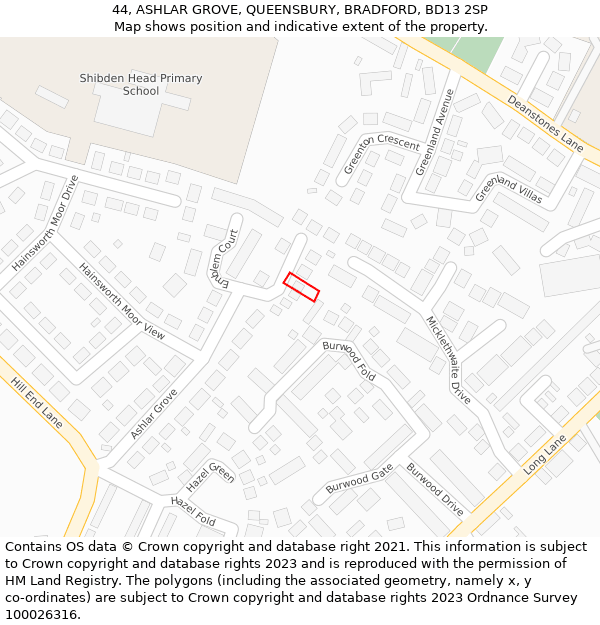 44, ASHLAR GROVE, QUEENSBURY, BRADFORD, BD13 2SP: Location map and indicative extent of plot