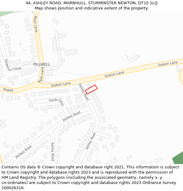 44, ASHLEY ROAD, MARNHULL, STURMINSTER NEWTON, DT10 1LQ: Location map and indicative extent of plot
