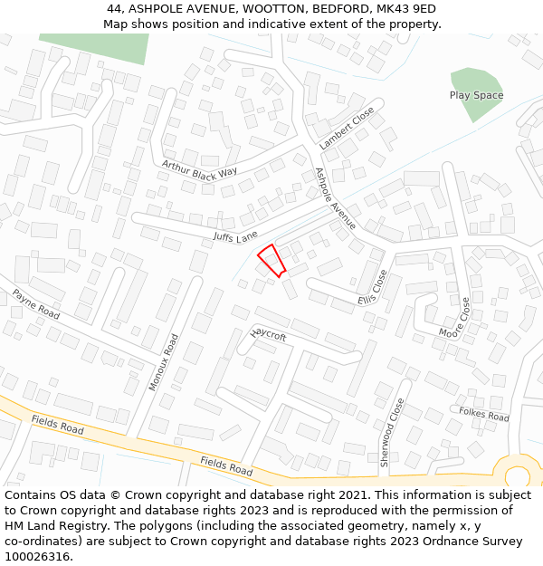 44, ASHPOLE AVENUE, WOOTTON, BEDFORD, MK43 9ED: Location map and indicative extent of plot