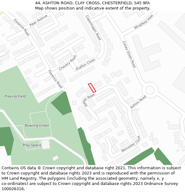 44, ASHTON ROAD, CLAY CROSS, CHESTERFIELD, S45 9FA: Location map and indicative extent of plot