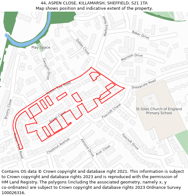 44, ASPEN CLOSE, KILLAMARSH, SHEFFIELD, S21 1TA: Location map and indicative extent of plot