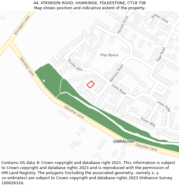 44, ATKINSON ROAD, HAWKINGE, FOLKESTONE, CT18 7SB: Location map and indicative extent of plot