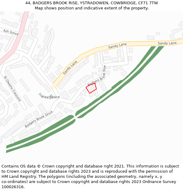 44, BADGERS BROOK RISE, YSTRADOWEN, COWBRIDGE, CF71 7TW: Location map and indicative extent of plot