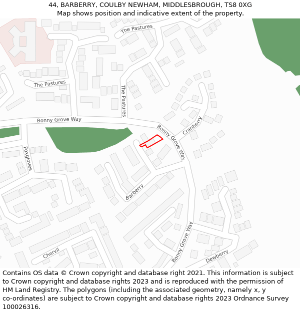 44, BARBERRY, COULBY NEWHAM, MIDDLESBROUGH, TS8 0XG: Location map and indicative extent of plot