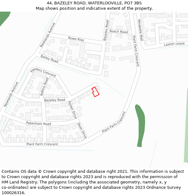 44, BAZELEY ROAD, WATERLOOVILLE, PO7 3BS: Location map and indicative extent of plot