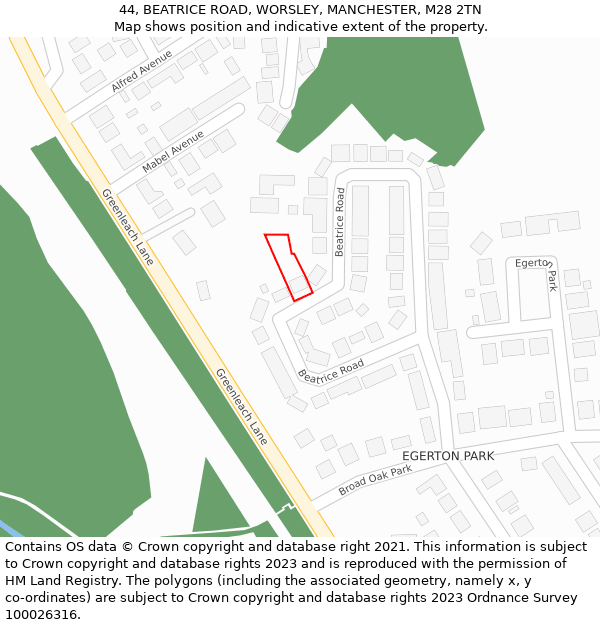 44, BEATRICE ROAD, WORSLEY, MANCHESTER, M28 2TN: Location map and indicative extent of plot