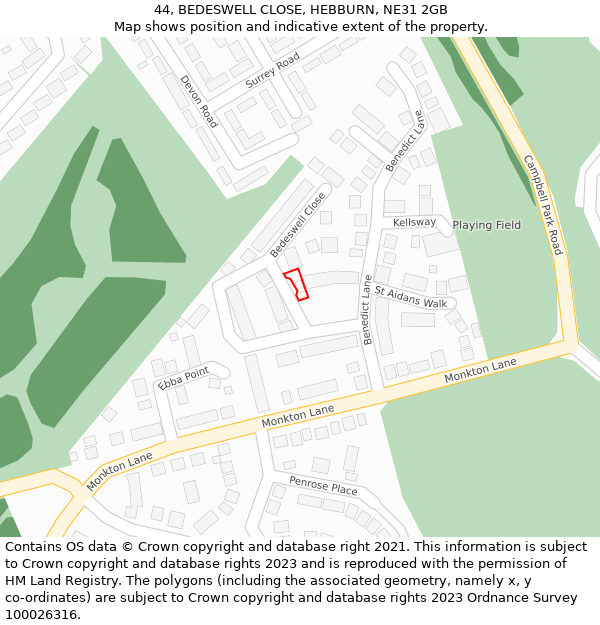44, BEDESWELL CLOSE, HEBBURN, NE31 2GB: Location map and indicative extent of plot