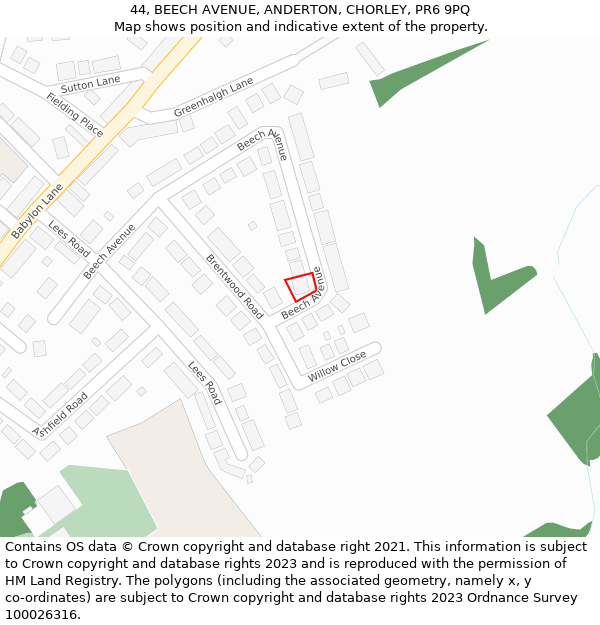 44, BEECH AVENUE, ANDERTON, CHORLEY, PR6 9PQ: Location map and indicative extent of plot