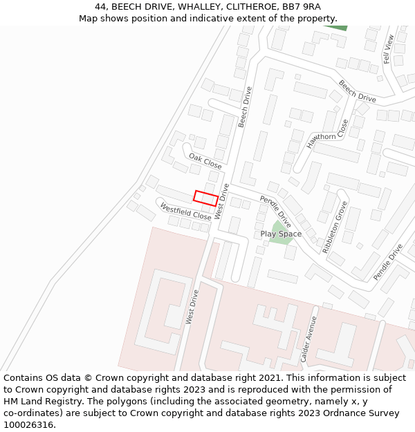 44, BEECH DRIVE, WHALLEY, CLITHEROE, BB7 9RA: Location map and indicative extent of plot