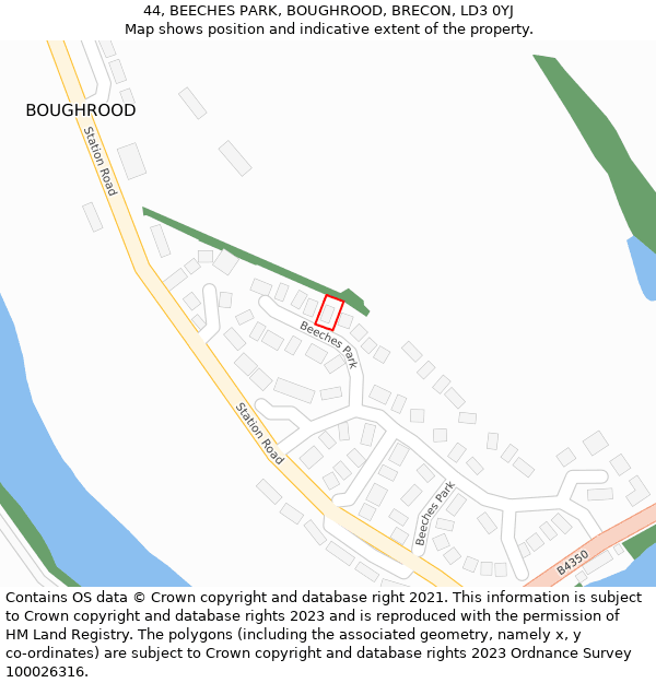 44, BEECHES PARK, BOUGHROOD, BRECON, LD3 0YJ: Location map and indicative extent of plot