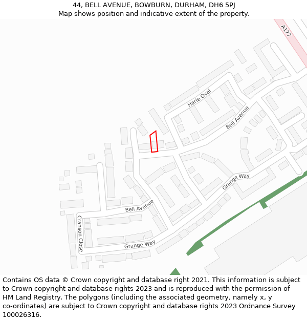 44, BELL AVENUE, BOWBURN, DURHAM, DH6 5PJ: Location map and indicative extent of plot