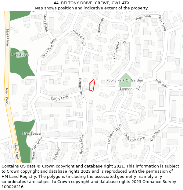 44, BELTONY DRIVE, CREWE, CW1 4TX: Location map and indicative extent of plot