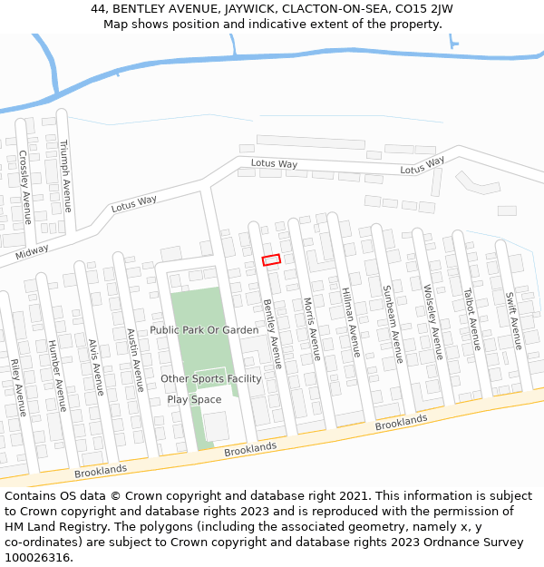 44, BENTLEY AVENUE, JAYWICK, CLACTON-ON-SEA, CO15 2JW: Location map and indicative extent of plot