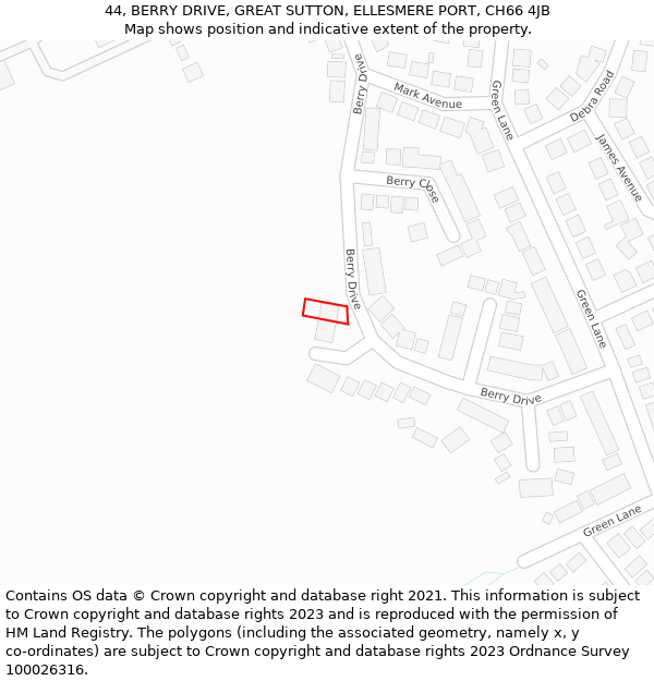 44, BERRY DRIVE, GREAT SUTTON, ELLESMERE PORT, CH66 4JB: Location map and indicative extent of plot