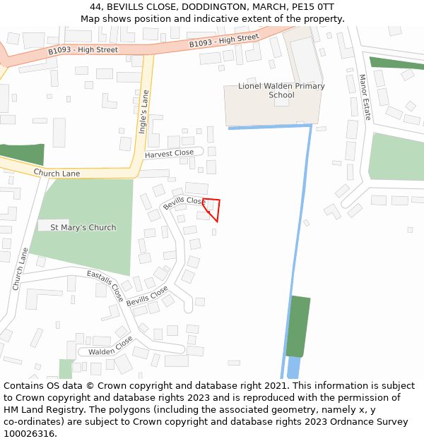 44, BEVILLS CLOSE, DODDINGTON, MARCH, PE15 0TT: Location map and indicative extent of plot