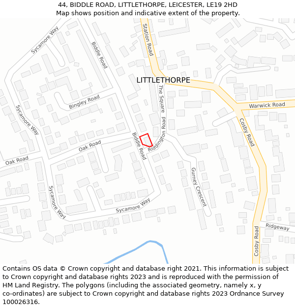 44, BIDDLE ROAD, LITTLETHORPE, LEICESTER, LE19 2HD: Location map and indicative extent of plot