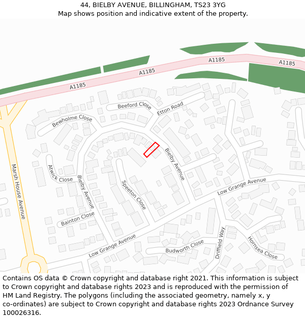 44, BIELBY AVENUE, BILLINGHAM, TS23 3YG: Location map and indicative extent of plot