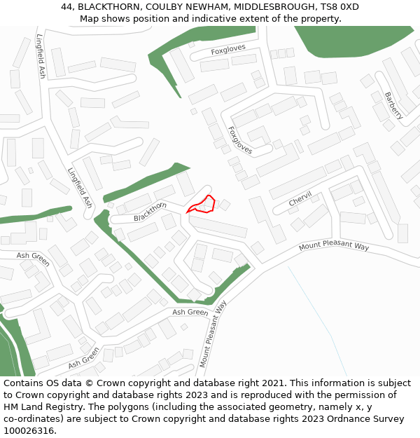 44, BLACKTHORN, COULBY NEWHAM, MIDDLESBROUGH, TS8 0XD: Location map and indicative extent of plot