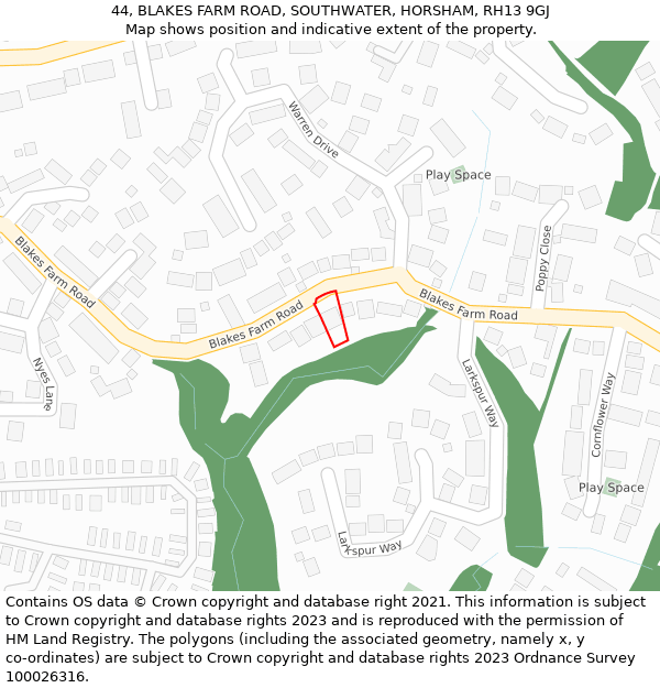 44, BLAKES FARM ROAD, SOUTHWATER, HORSHAM, RH13 9GJ: Location map and indicative extent of plot