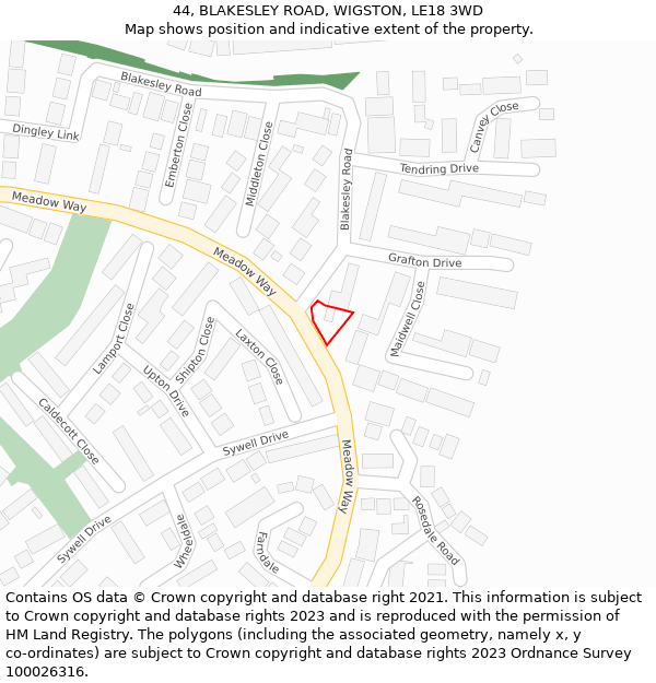 44, BLAKESLEY ROAD, WIGSTON, LE18 3WD: Location map and indicative extent of plot