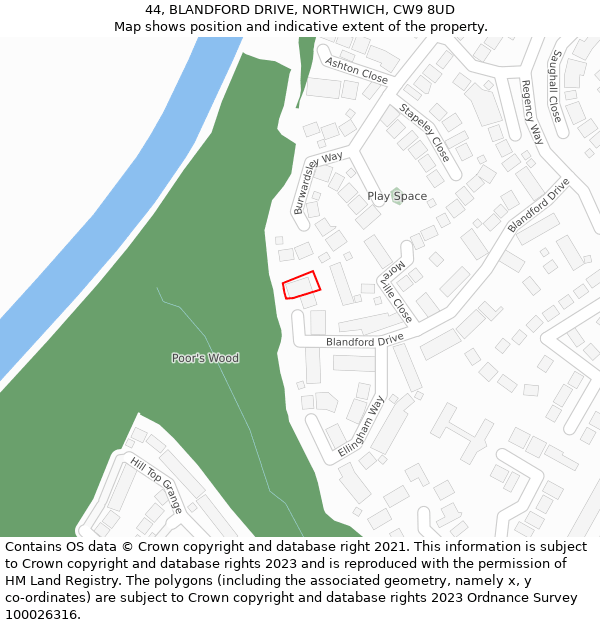 44, BLANDFORD DRIVE, NORTHWICH, CW9 8UD: Location map and indicative extent of plot